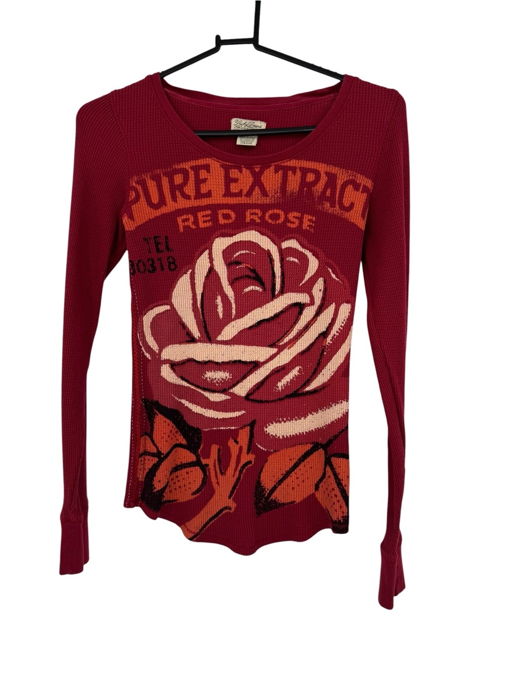 Lucky Brand Red Rose Waffle Knit Thermal Top Vintage Y2K Graphic Long Sleeve XS